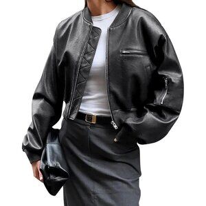 Women Black Faux Leather Cropped Bomber Jacket Baseball Collar Zip Up